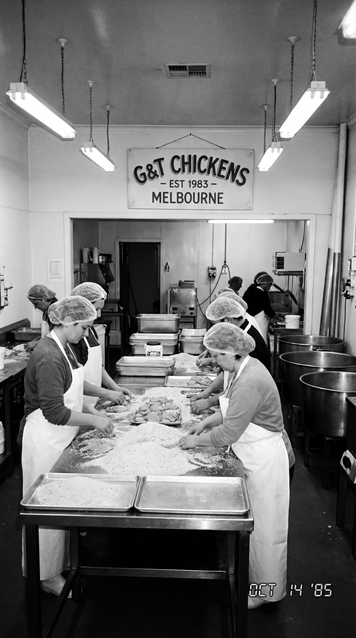 G&T Chickens crumbing line in Melbourne, 1985